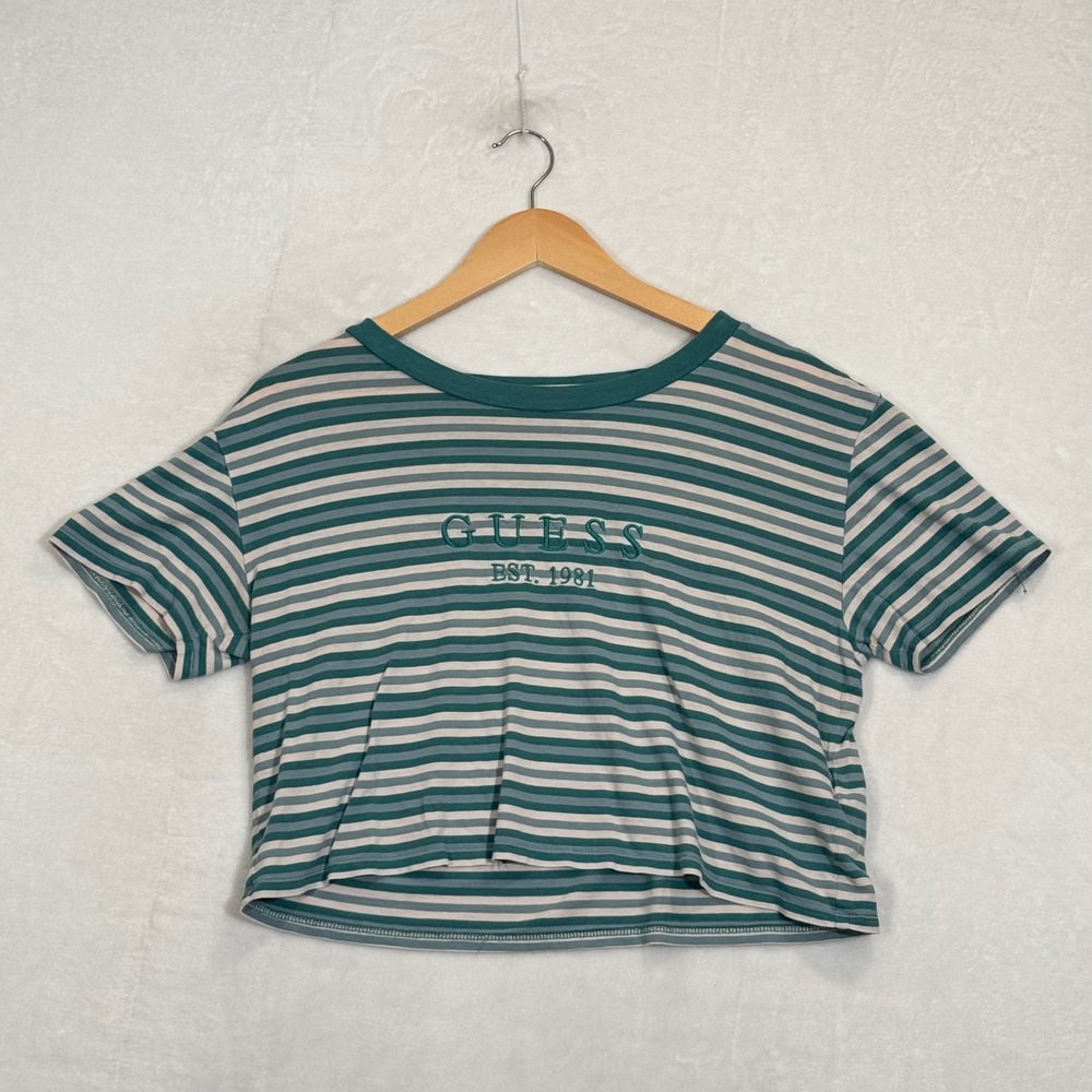 Guess Green Striped Cropped T-Shirt Small